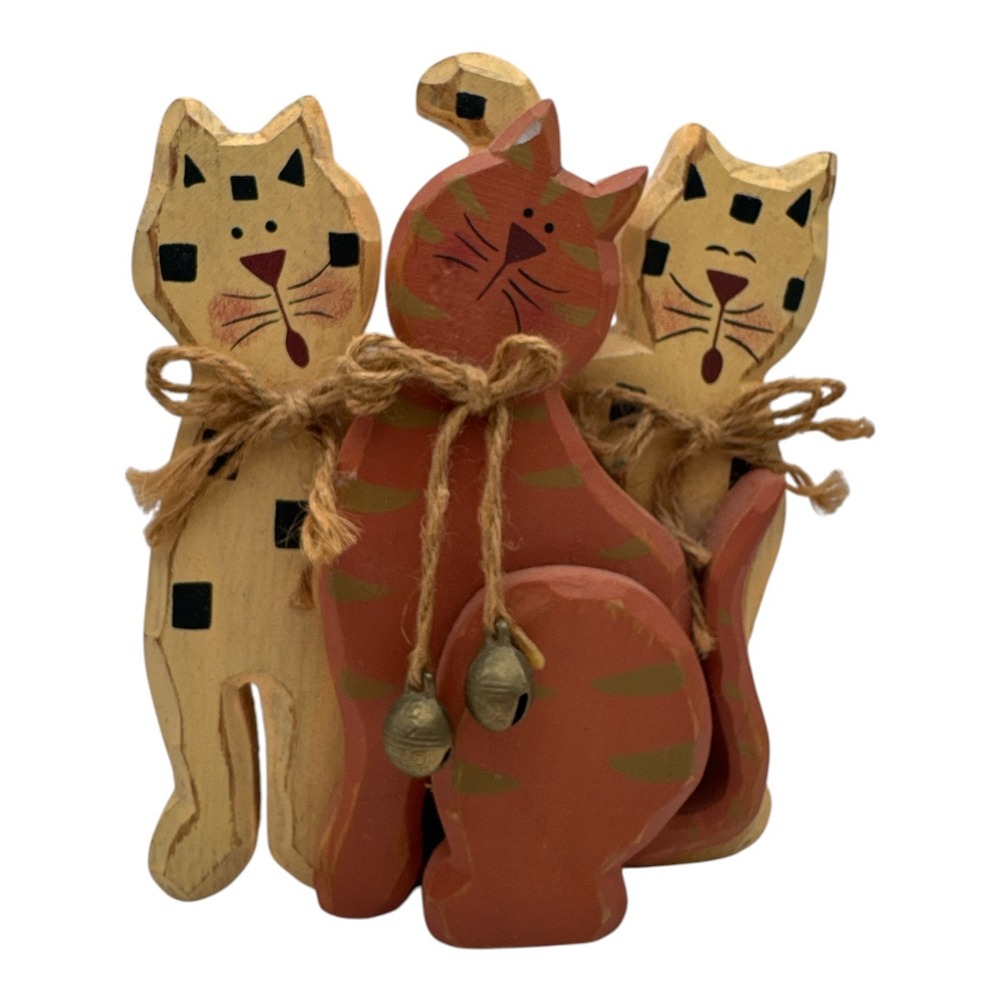 Wooden Cats Feline Folk Art Hand Painted Decorative Cottage Core Display